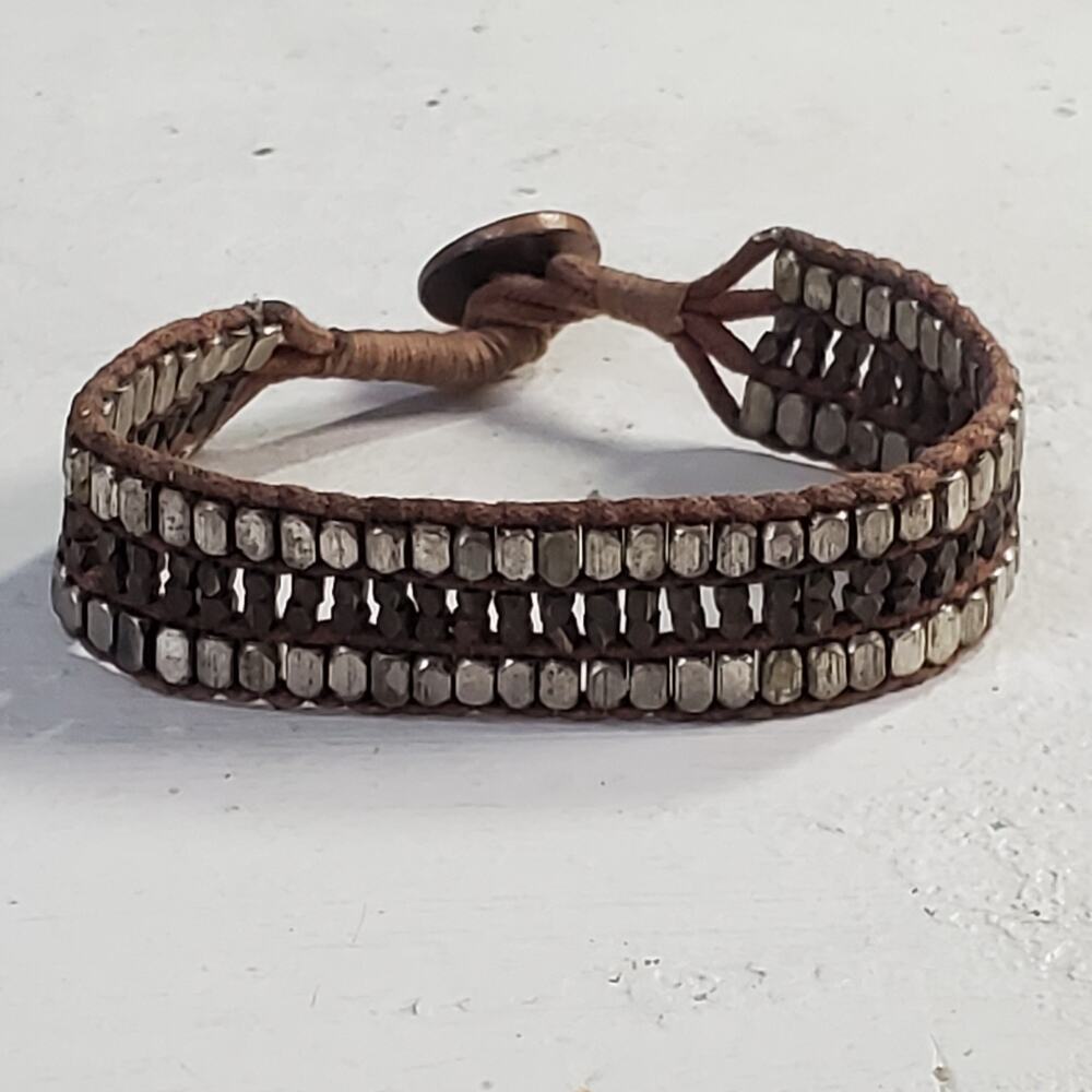 Vintage Bracelet Native Tribal Metal & Leather Wrap 7.5 Inch